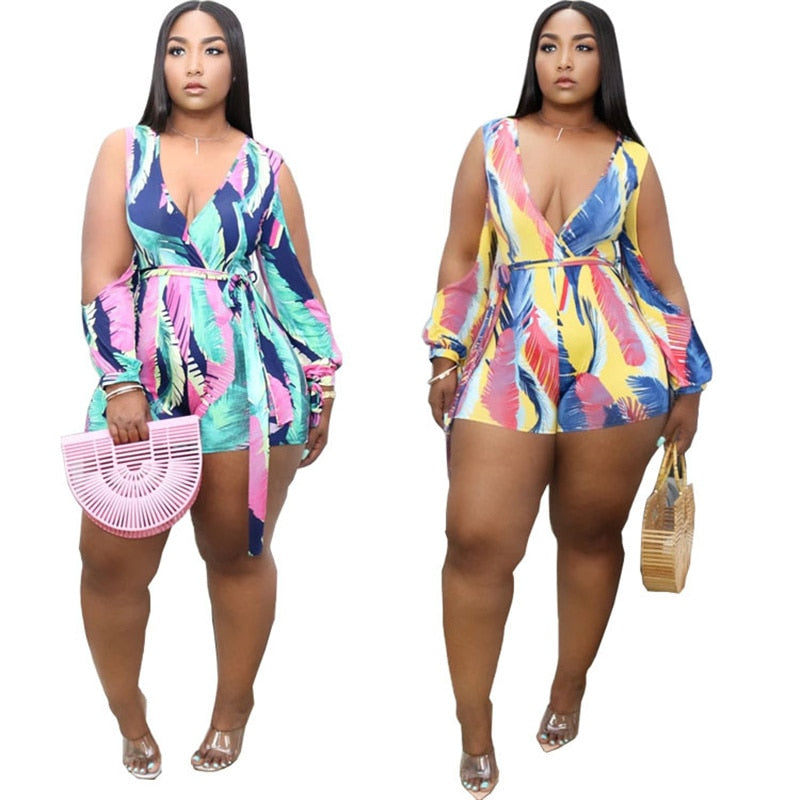 Plus Size V-neck Printed Romper