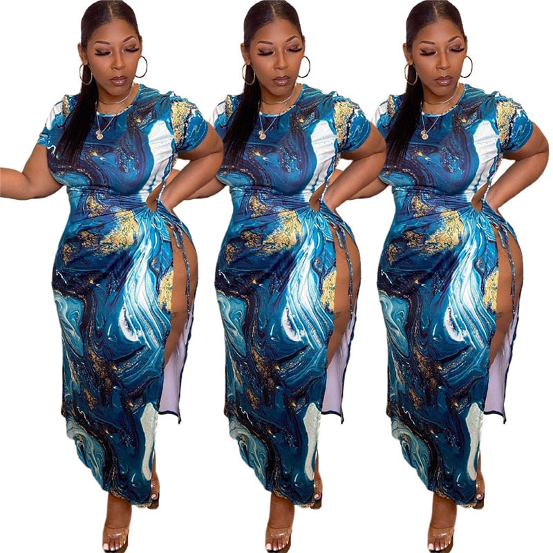 Plus Size Drawstring Printed Dress